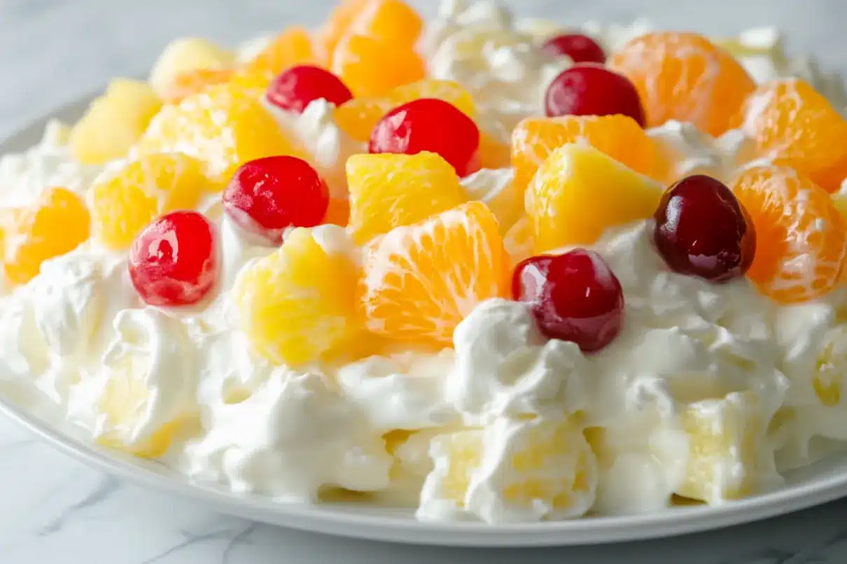 A beautifully plated bowl of creamy Ambrosia Salad, where the fruit is delicately blended into the Cool Whip, giving the dish a dreamy, cloud-like texture with hints of color.