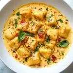 A comforting bowl of golden crispy tofu served over pillowy gnocchi, coated in a rich, dairy-free creamy sauce with fresh herbs.