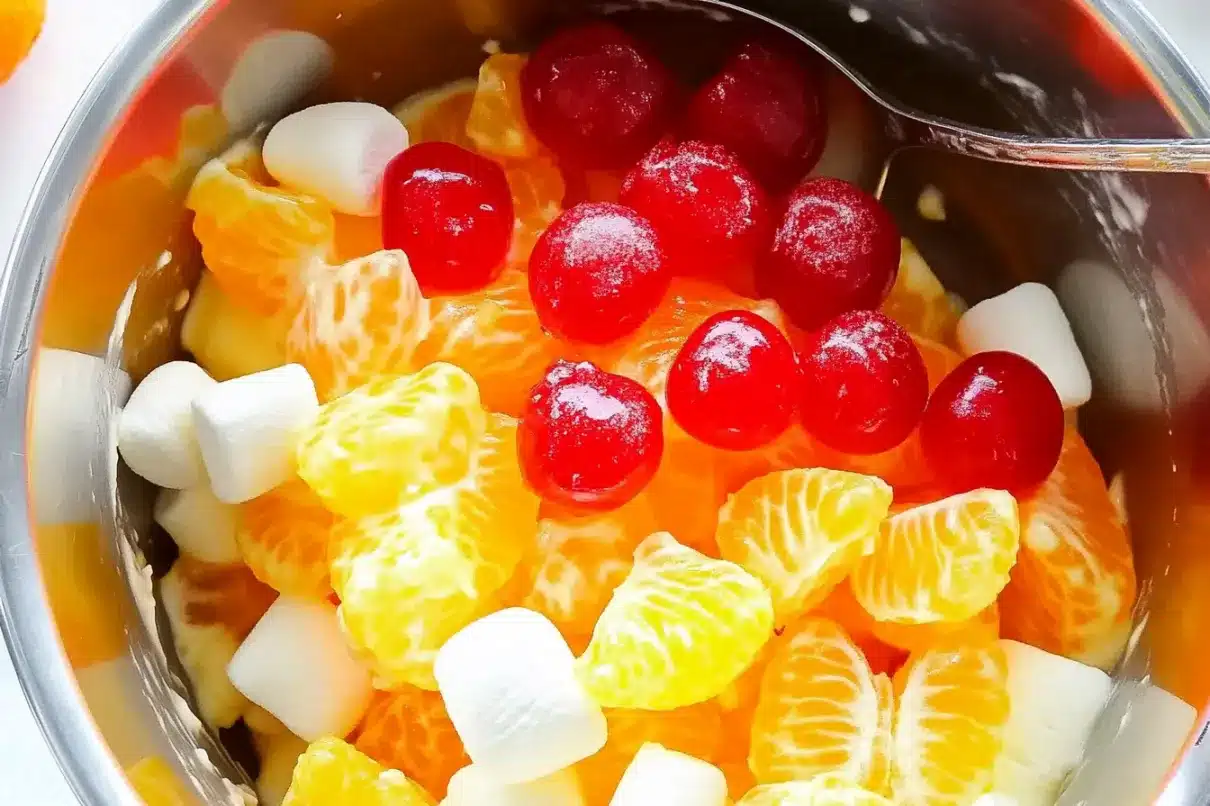 A close-up of a serving of Ambrosia Salad on a white plate, featuring a thick, creamy texture with a few glimpses of mandarin oranges and cherries peeking through the smooth topping.

