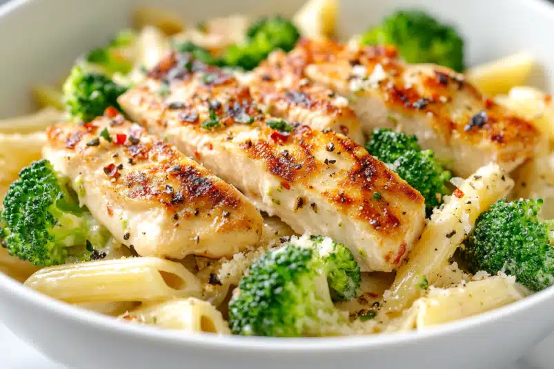 A nutritious pasta dish with lean chicken, sautéed broccoli, and a light garlic butter sauce, served on a rustic white plate.