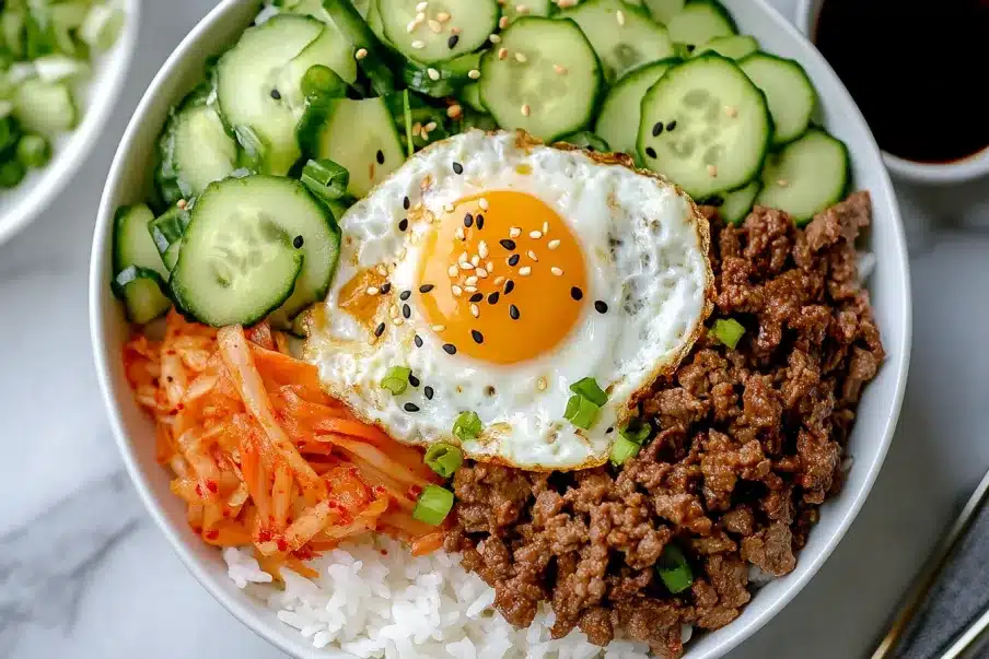 A delicious and easy Korean beef bowl made with savory ground beef, garlic, and soy sauce, served over fluffy white rice with fresh garnishes.