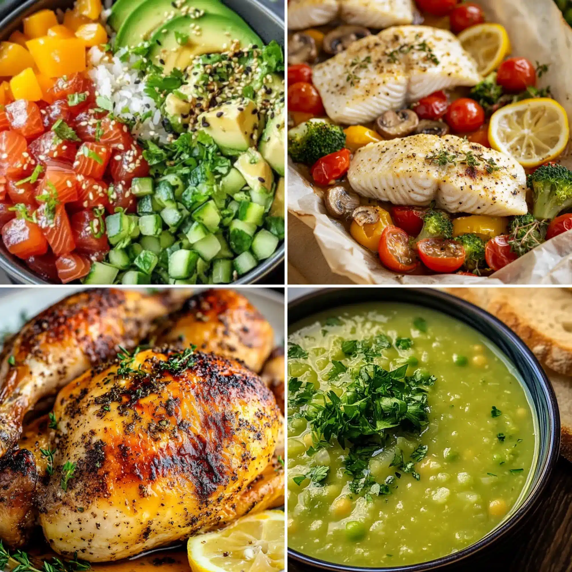 A collage of a salmon poke bowl, baked cod with veggies, roasted chicken with lemon, and green pea soup with bread.