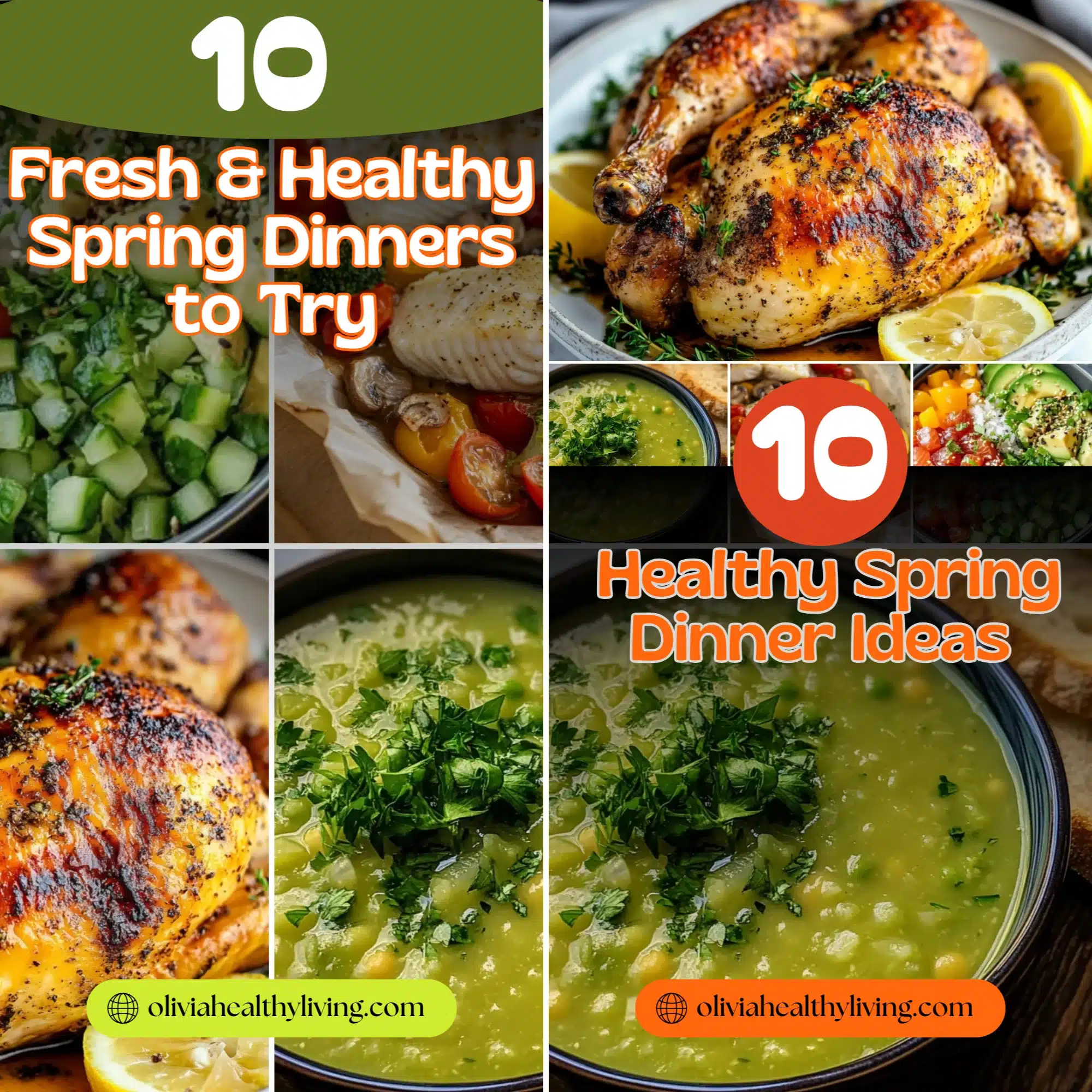A collage of fresh spring dinner ideas, including roasted chicken, baked fish, salad, and green soup. Text reads "10 Healthy Spring Dinner Ideas.