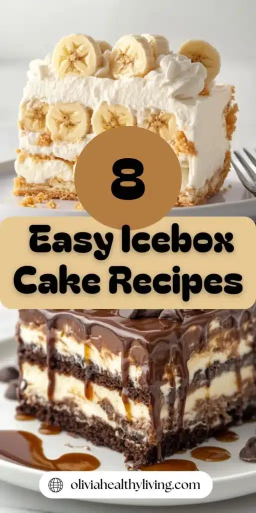Two delicious no-bake icebox cakes topped with toasted marshmallows and fresh peaches, layered with whipped cream and cookie crust.

