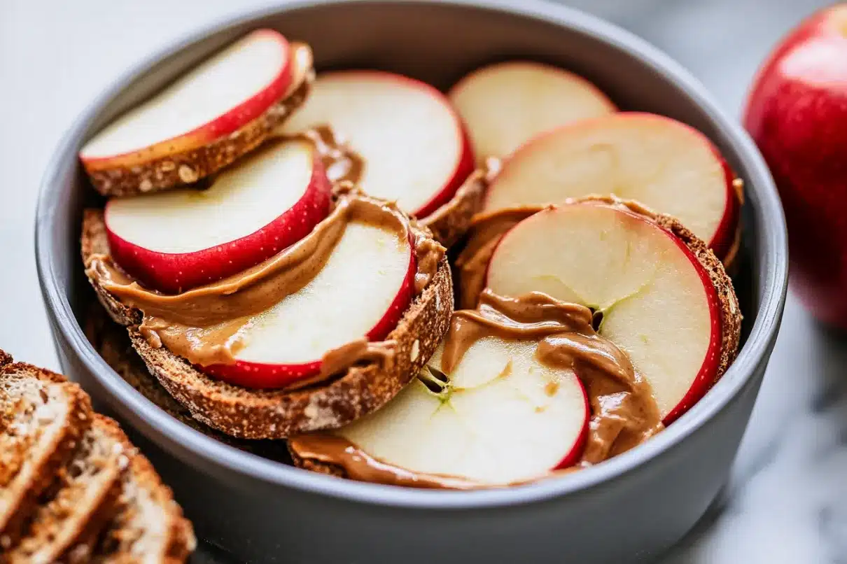 A bowl filled with apple slices layered with creamy peanut butter and whole-grain bread, creating a nutritious and satisfying snack.