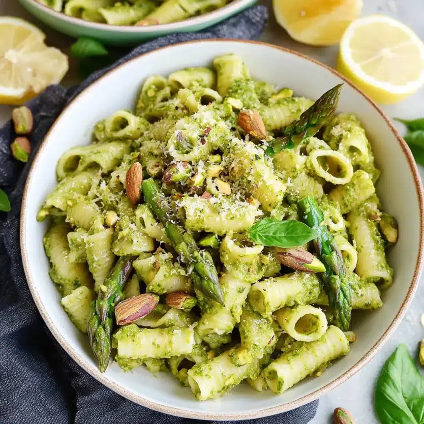 A bowl of pasta coated in vibrant green asparagus pesto, topped with asparagus spears, parmesan, and nuts.