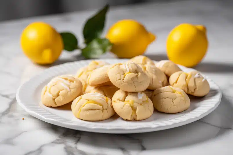Plate of freshly baked lemon crinkle cookies with a light glaze, set on a marble surface with whole lemons in the background.