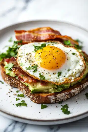 A crispy slice of sourdough toast topped with creamy mashed avocado, crispy bacon, and a perfectly fried sunny-side-up egg.

