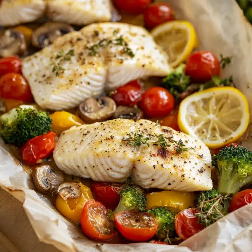A tray of baked cod fillets with cherry tomatoes, broccoli, mushrooms, and lemon slices, topped with fresh herbs.