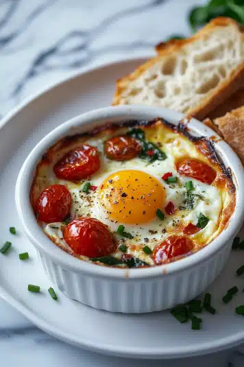 A skillet filled with perfectly baked eggs nestled in a creamy, melty feta cheese mixture, garnished with fresh herbs and cherry tomatoes.
