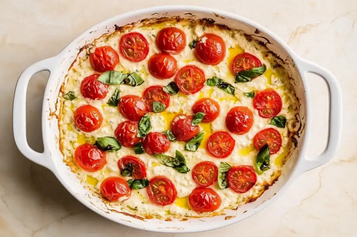 A white casserole dish filled with creamy ricotta cheese dip, topped with roasted cherry tomatoes, fresh basil, and drizzled with olive oil.
