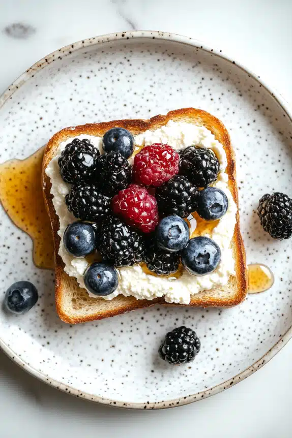 Toast with ricotta, mixed berries, and syrup on a plate.