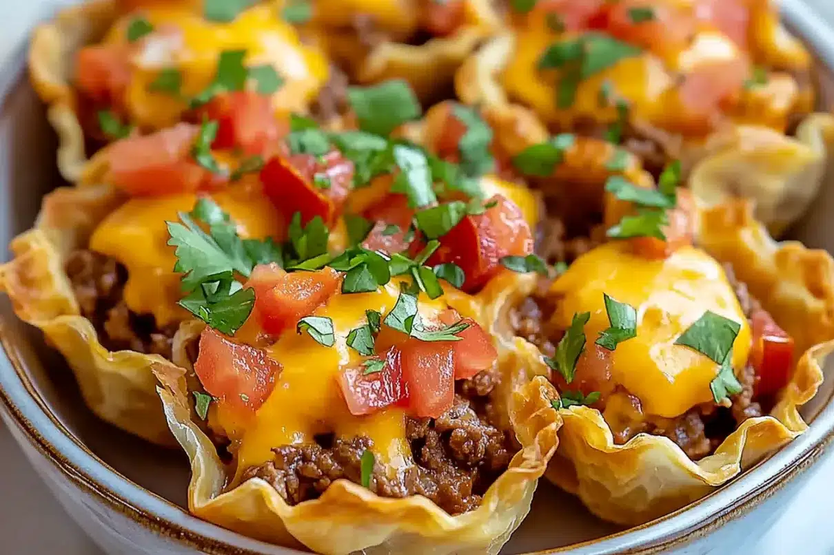 Close-up of mini taco cups made with phyllo dough, loaded with beef, melted cheese, and topped with fresh cilantro and tomatoes.