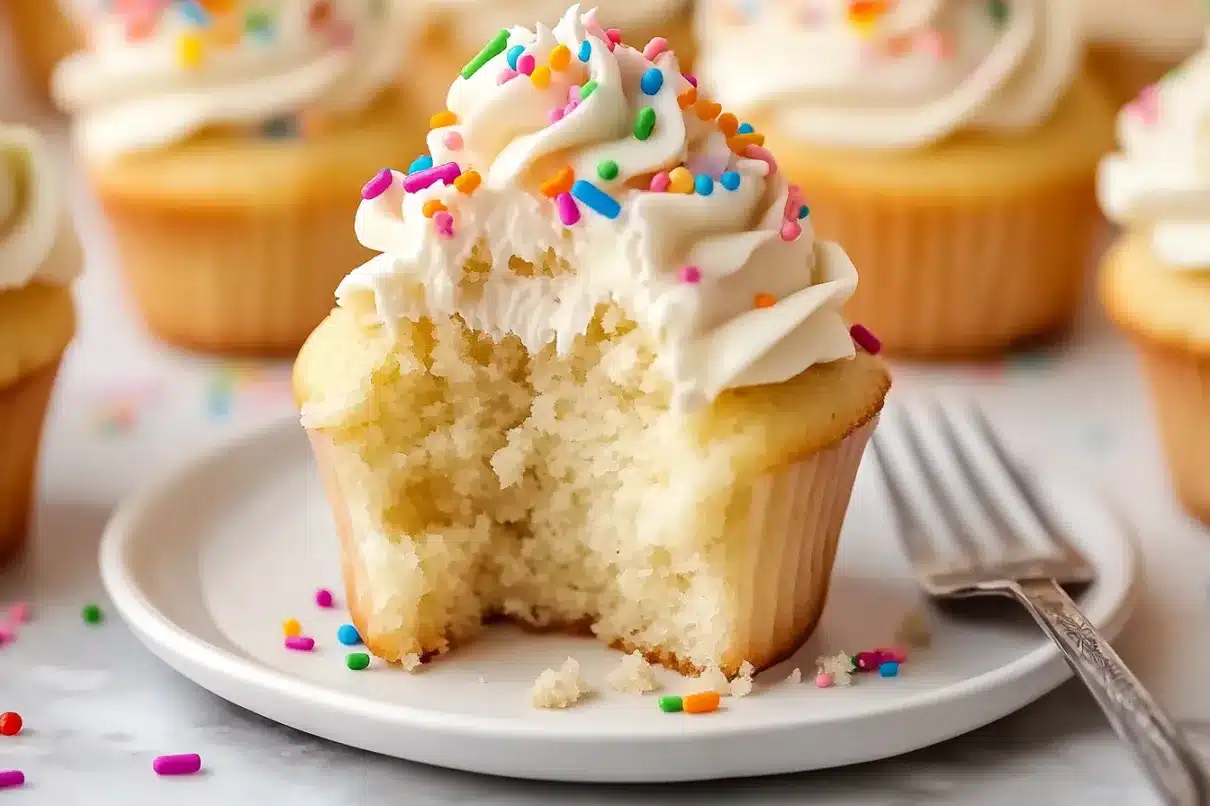 A vanilla cupcake with a bite taken out, revealing its soft and fluffy interior, topped with creamy buttercream and colorful sprinkles.