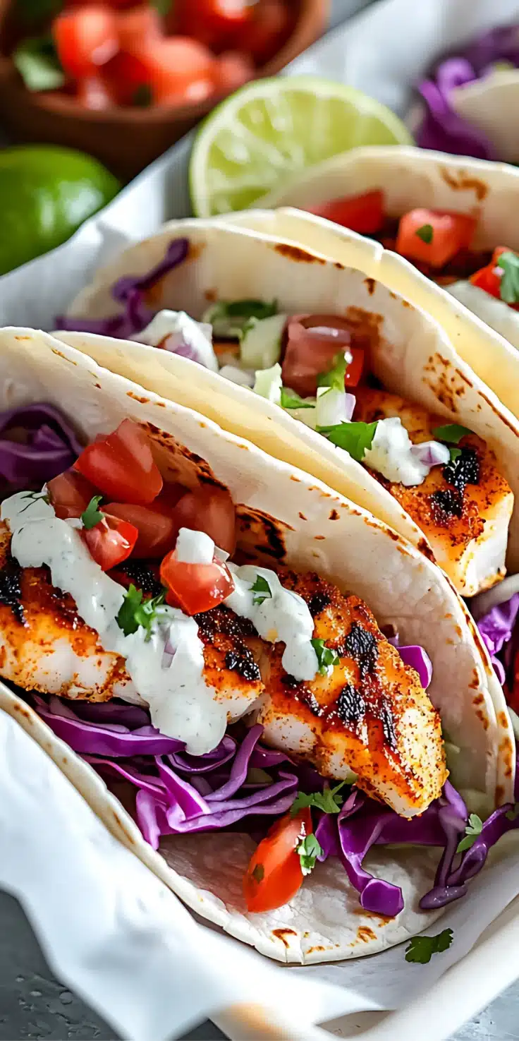 Blackened grilled fish tacos with purple cabbage, fresh diced tomatoes, chopped cilantro, and creamy white sauce in soft flour tortillas, served with lime wedges.
