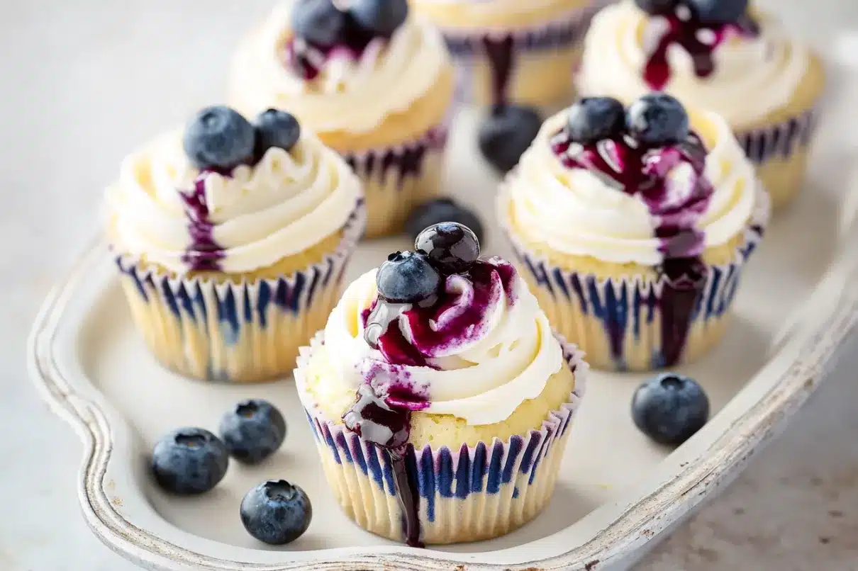 Blueberry cupcakes served on a vintage tray, with vanilla frosting, fresh blueberries, and drizzled with rich blueberry sauce.