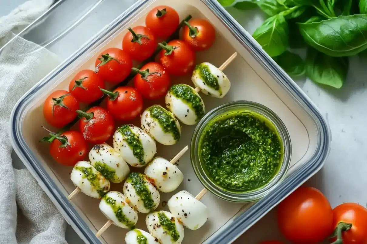 A container with fresh Caprese skewers made of cherry tomatoes, mozzarella balls, and basil, served with a side of rich green pesto dip.