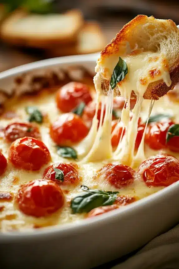 A close-up of a cheesy baked dip with roasted cherry tomatoes and fresh basil, with a slice of toasted bread pulling gooey melted cheese.