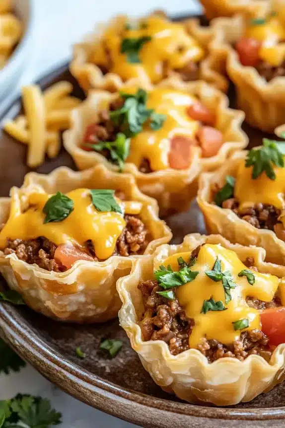 Zoomed-in view of mini taco cups with melty cheddar cheese, ground beef, and fresh toppings in a crisp phyllo shell.