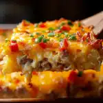 A slice of cheesy hash brown breakfast casserole loaded with sausage, eggs, melted cheddar cheese, diced red bell peppers, and chopped green onions, served hot from the oven.