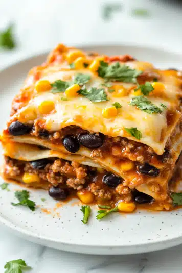 A slice of Mexican lasagna with layers of seasoned beef, melted cheese, and soft tortillas, topped with fresh cilantro and diced tomatoes.

