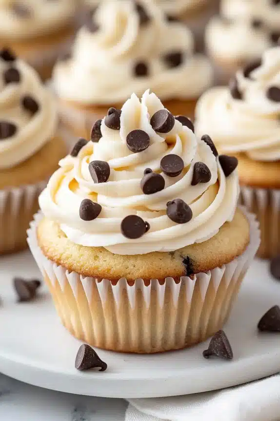 A vanilla cupcake topped with creamy vanilla frosting and sprinkled generously with semi-sweet chocolate chips.