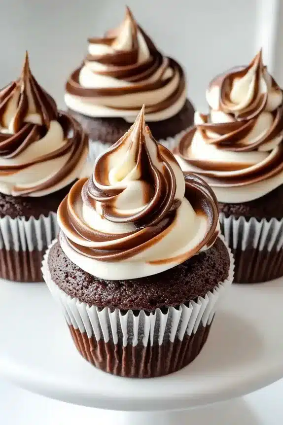Cupcake cut open to show thick coffee cream filling inside moist chocolate cake, with swirled frosting on top.