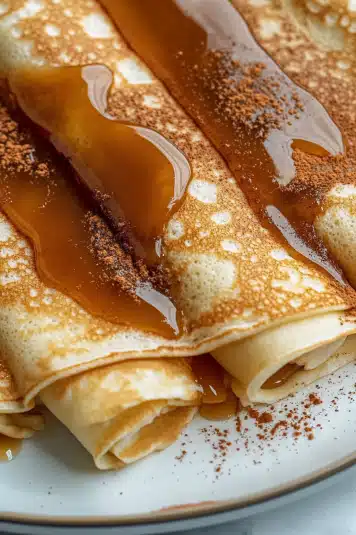 A stack of cinnamon protein crepes layered with creamy filling, served with a fork and dusted with cinnamon on a white plate.

