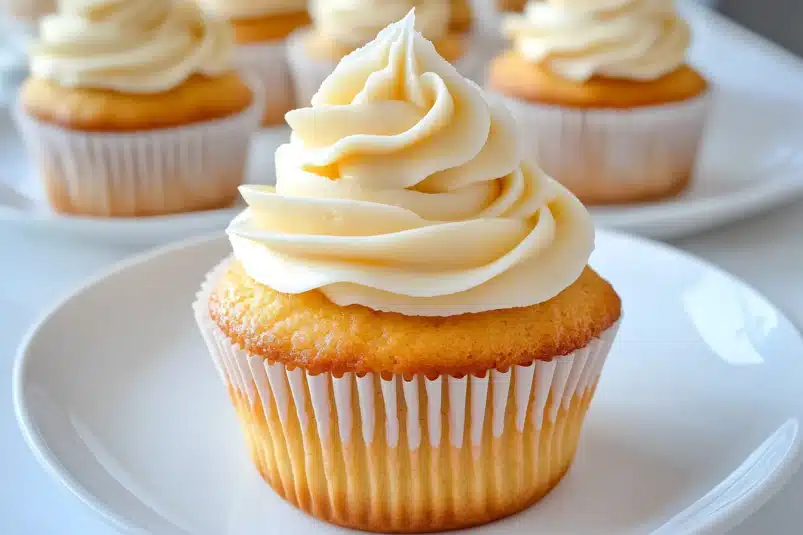 A batch of vanilla cupcakes cooling in their liners with a piping bag full of frosting nearby, ready to decorate.

