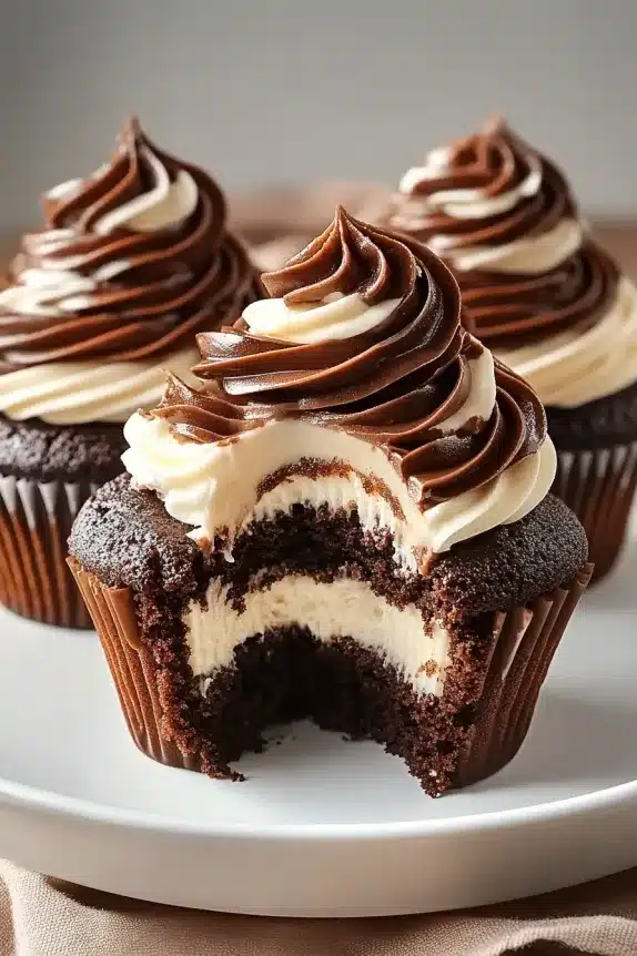 Cupcake cut open to show thick coffee cream filling inside moist chocolate cake, with swirled frosting on top.