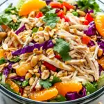 Grilled chicken strips arranged on top of a colorful Thai salad base with a ramekin of peanut dressing on the side.