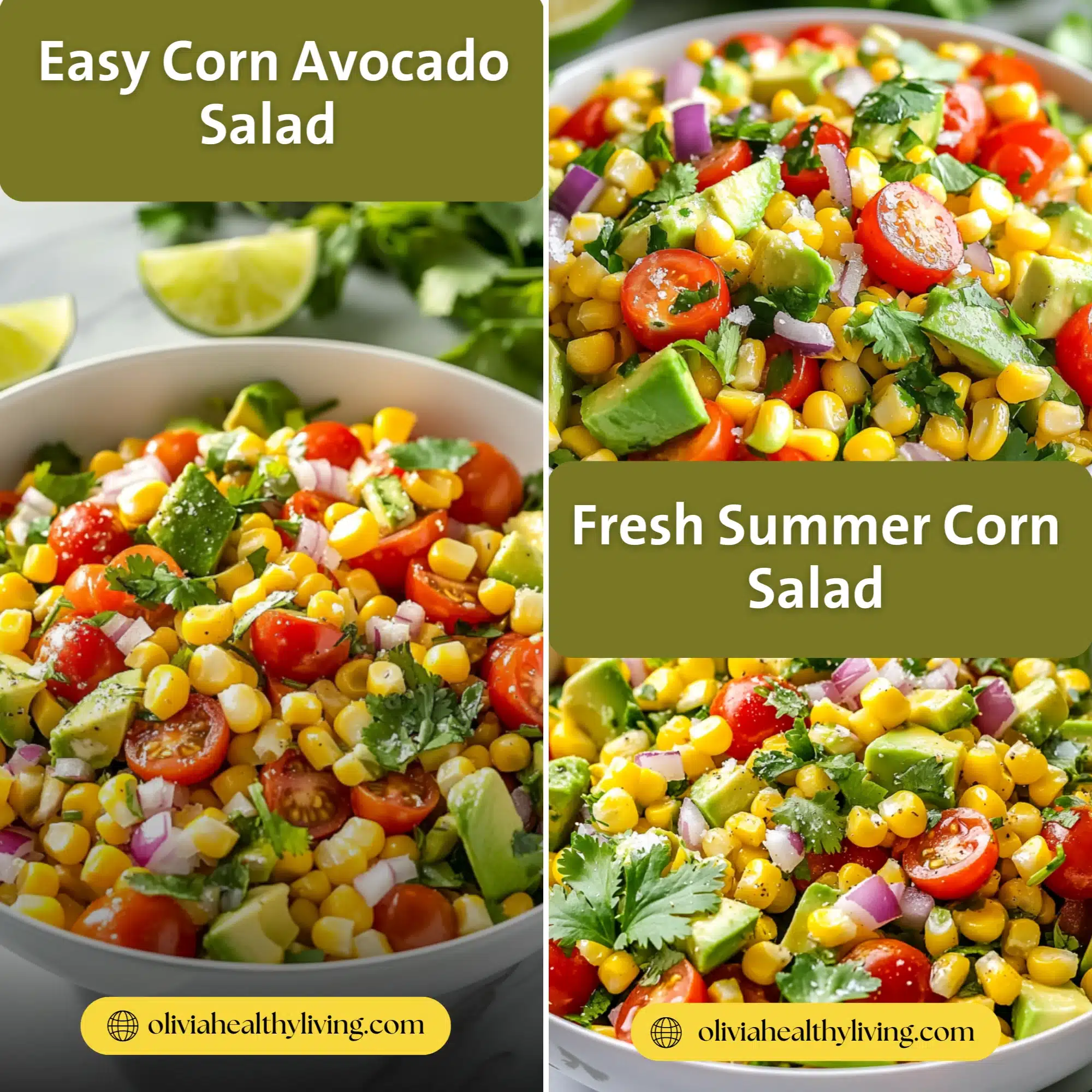 Collage of vibrant corn salad images with avocado, cherry tomatoes, red onion, and cilantro. Text overlays read “Easy Corn Avocado Salad” and “Fresh Summer Corn Salad,” with the website oliviahealthyliving.com featured below.

