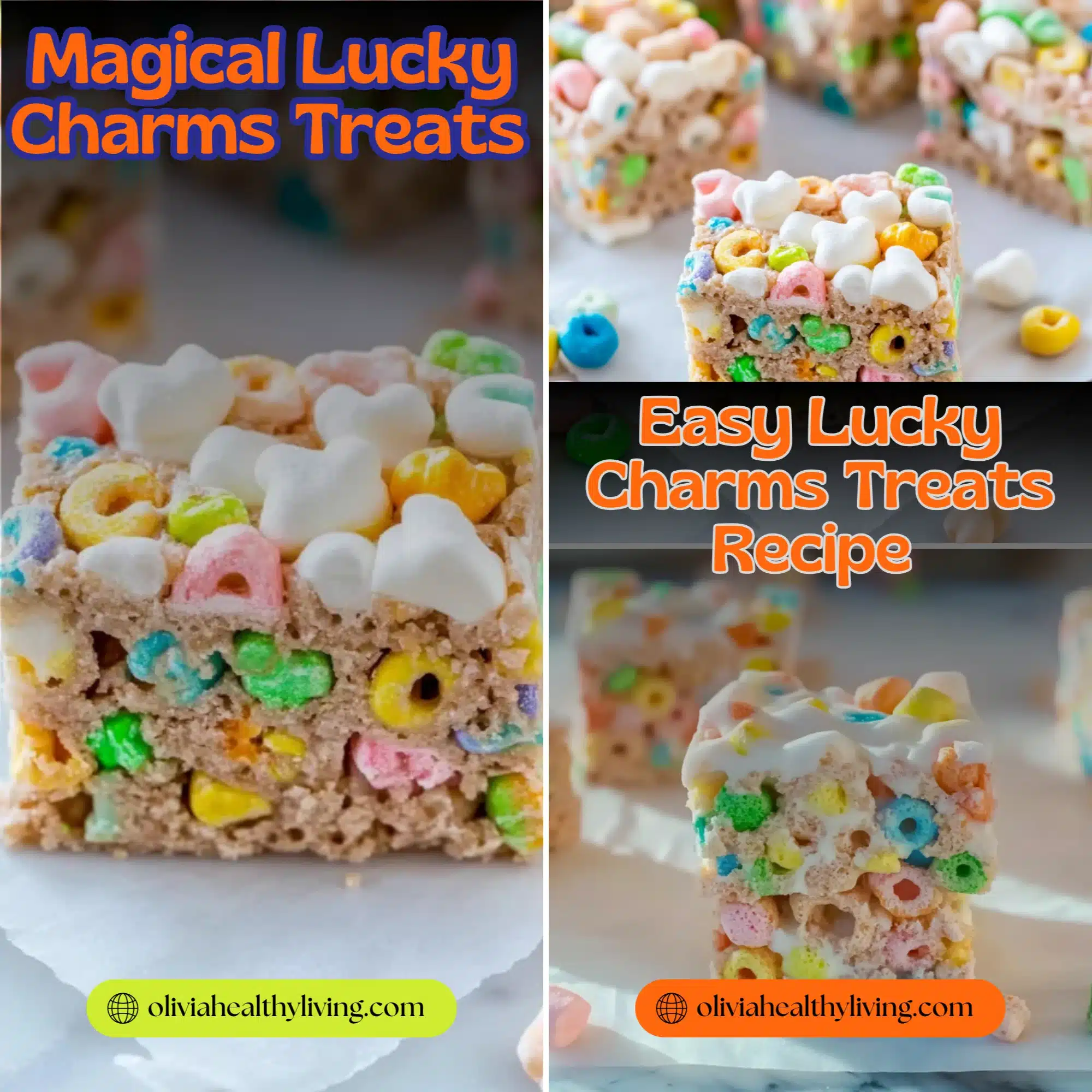 A collage of colorful Lucky Charms cereal bars with text overlays and a website link.