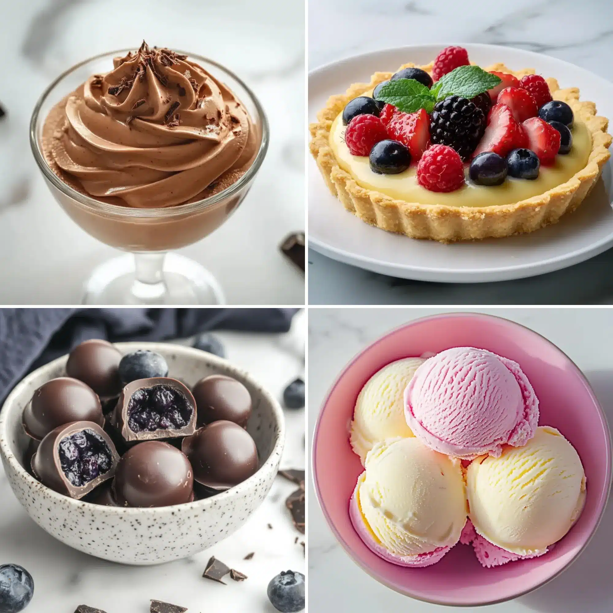 A collage of four desserts: chocolate mousse, fruit tart, blueberry-filled chocolate truffles, and vanilla-strawberry ice cream.