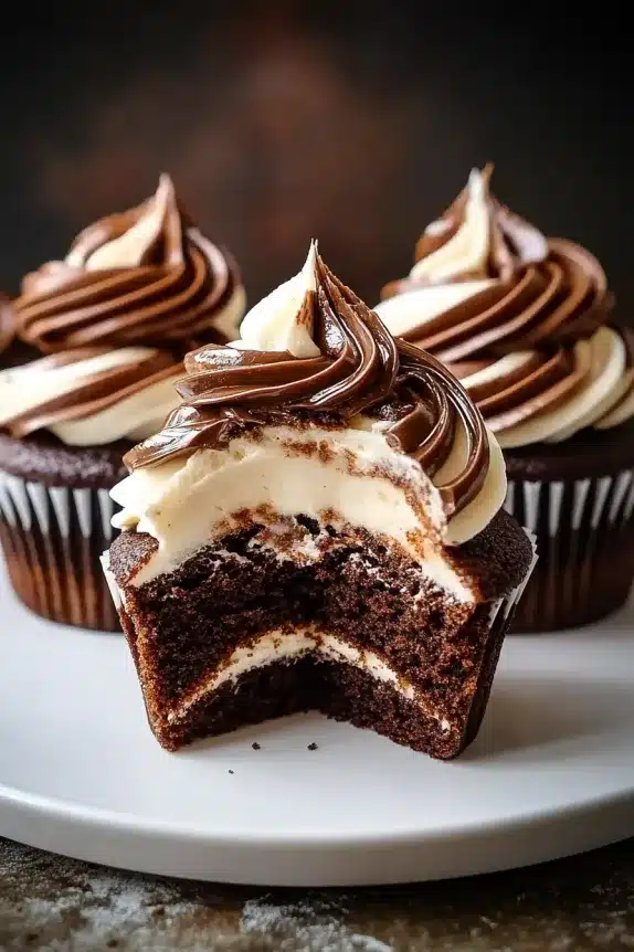  Chocolate cupcake with coffee cream filling, topped with swirled frosting and a bite revealing the layered inside.

