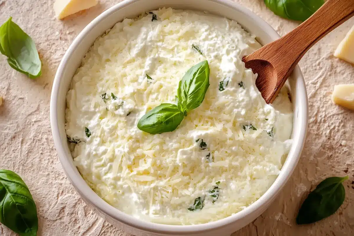 A white bowl filled with creamy ricotta cheese dip, topped with grated parmesan and fresh basil leaves, with a wooden spoon.