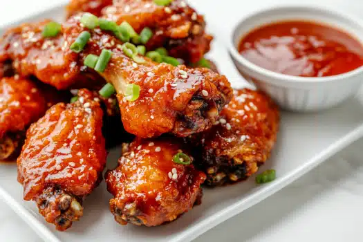 A tray of crunchy air-fried wings coated in a sticky honey garlic sauce, garnished with sesame seeds and green onions.
