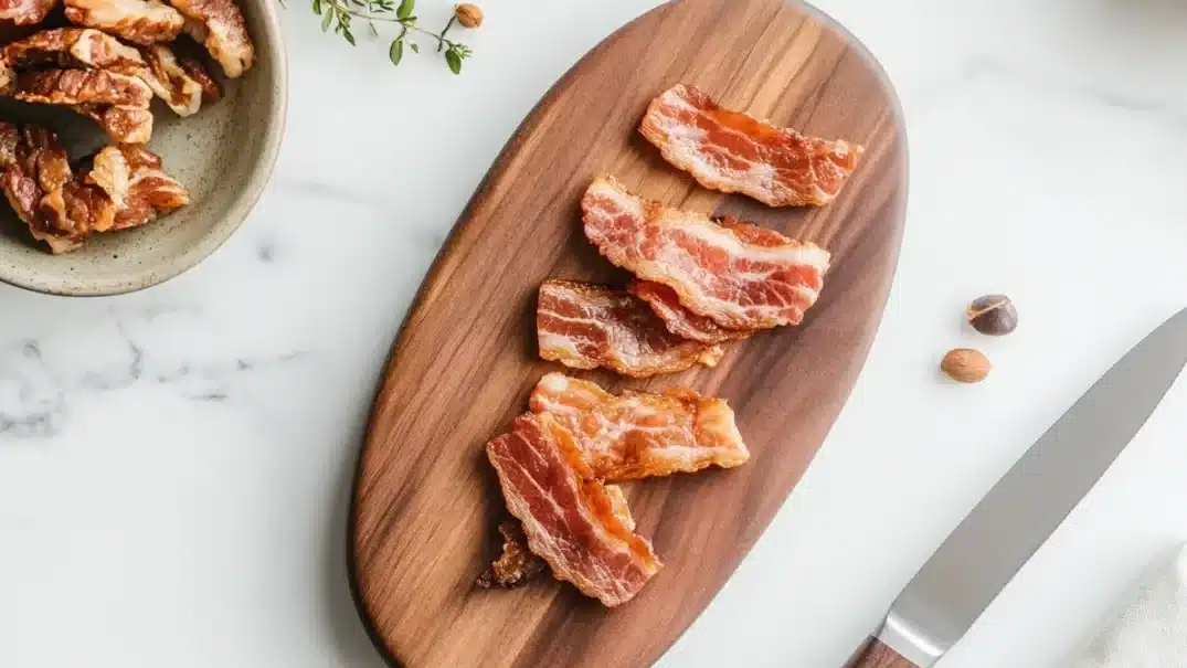 Golden, crispy bacon pieces served on a wooden board with a side of nuts and fresh herbs.