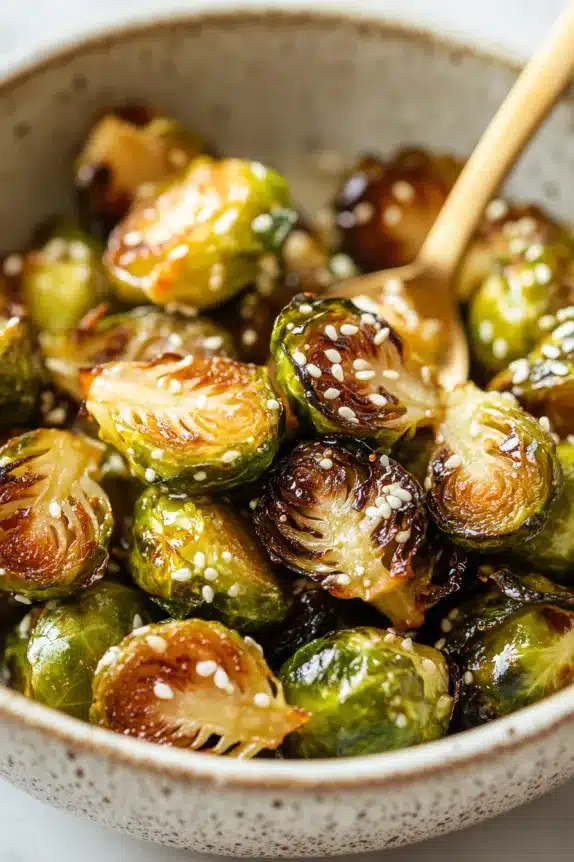 Caramelized Brussels sprouts, coated in a glossy glaze and sprinkled with sesame seeds, served in a rustic speckled bowl. A golden spoon rests inside, enhancing the presentation.







