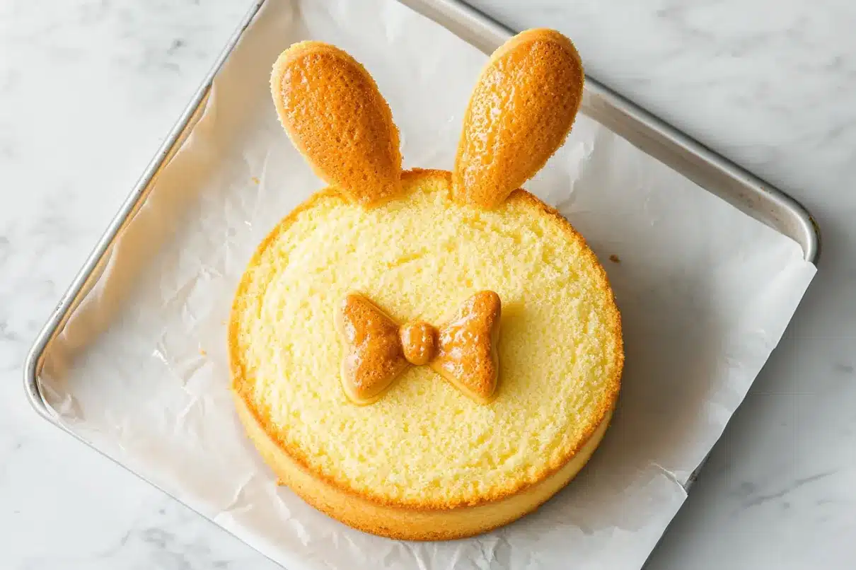 An 8-inch yellow cake sliced into three pieces, with two crescent-shaped sections on the sides and a bowtie-shaped middle piece, arranged on parchment paper.