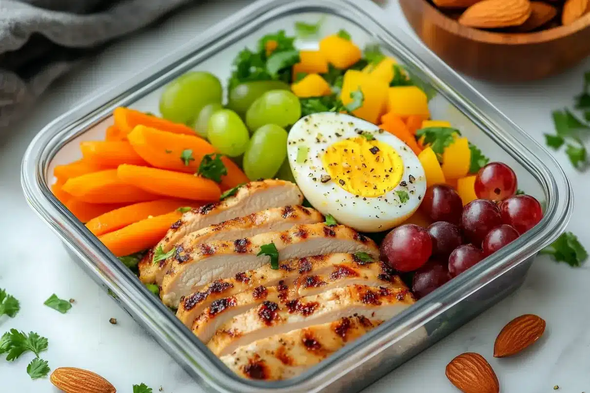 A meal prep container filled with grilled chicken breast, hard-boiled eggs, fresh grapes, sliced carrots, and almonds for a balanced high-protein meal.
