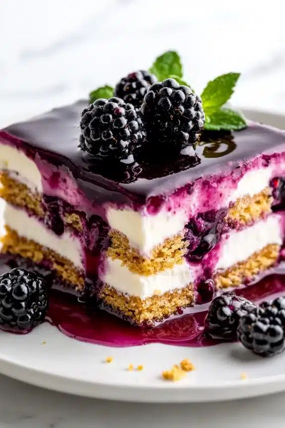 A layered blackberry cheesecake dessert with graham cracker crust, creamy white filling, and a glossy blackberry compote topping, garnished with fresh blackberries and mint leaves on a white plate with berry sauce drizzled around