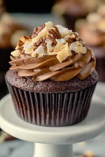 A close-up of a German chocolate cupcake with creamy coconut-pecan frosting, drizzled with chocolate ganache, and sprinkled with toasted coconut flakes.
