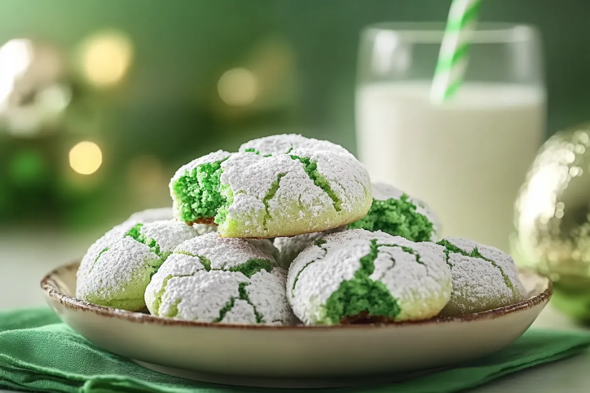 A plate of green crinkle cookies with cracked sugar-coated tops, placed on a green napkin, accompanied by a glass of milk and gold holiday decorations.