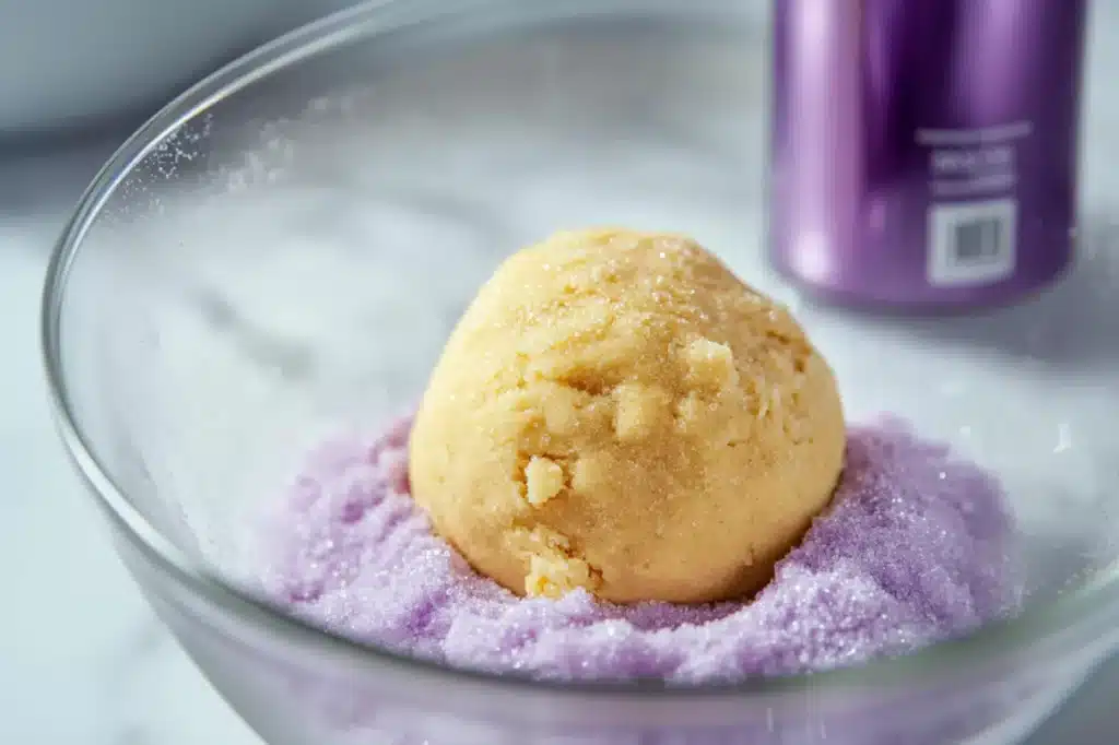 A plate of freshly baked Easter Blossom Cookies with colorful sugar-coated edges in pastel shades of pink, blue, green, yellow, and purple, each topped with a glossy chocolate Hershey’s Kiss. The cookies have a soft texture and a festive look.