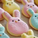 A delightful batch of Easter bunny-shaped sugar cookies decorated with pastel-colored icing in pink, blue, and yellow. Each cookie is adorned with sparkling sugar and tiny edible pearls, creating a festive and charming holiday treat.