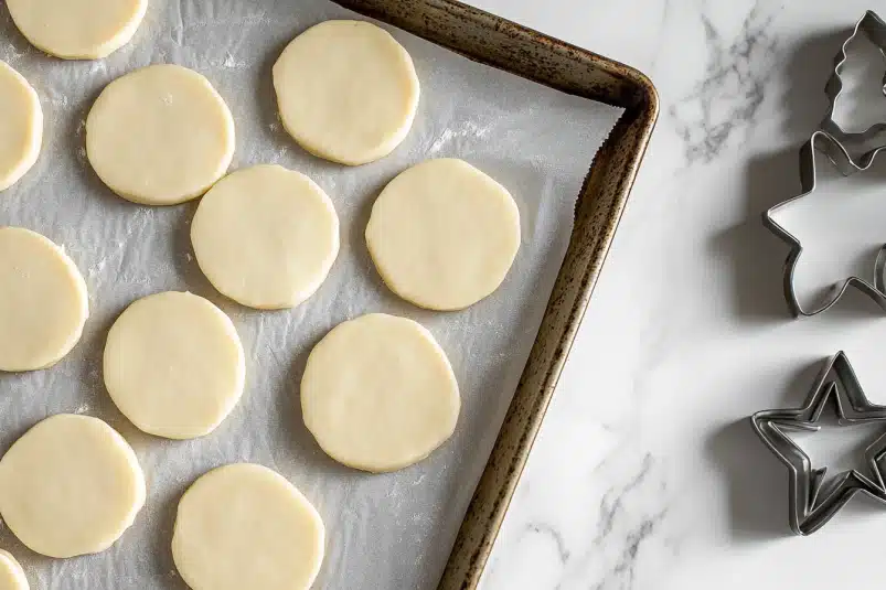 Round cookie dough pieces on a parchment-lined baking sheet, with star-shaped cookie cutters nearby on a marble surface.