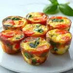 Freshly baked mini egg muffins with fluffy eggs, vibrant spinach, and roasted cherry tomatoes, served on a white plate for a wholesome breakfast.