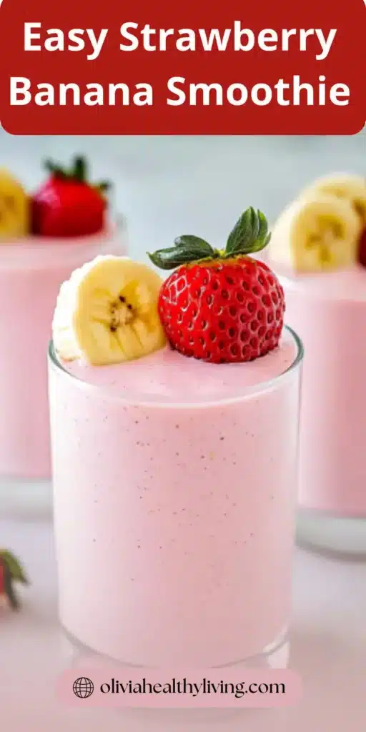 Creamy strawberry banana smoothie topped with fresh fruit, served in clear glasses for a perfect healthy breakfast or snack.