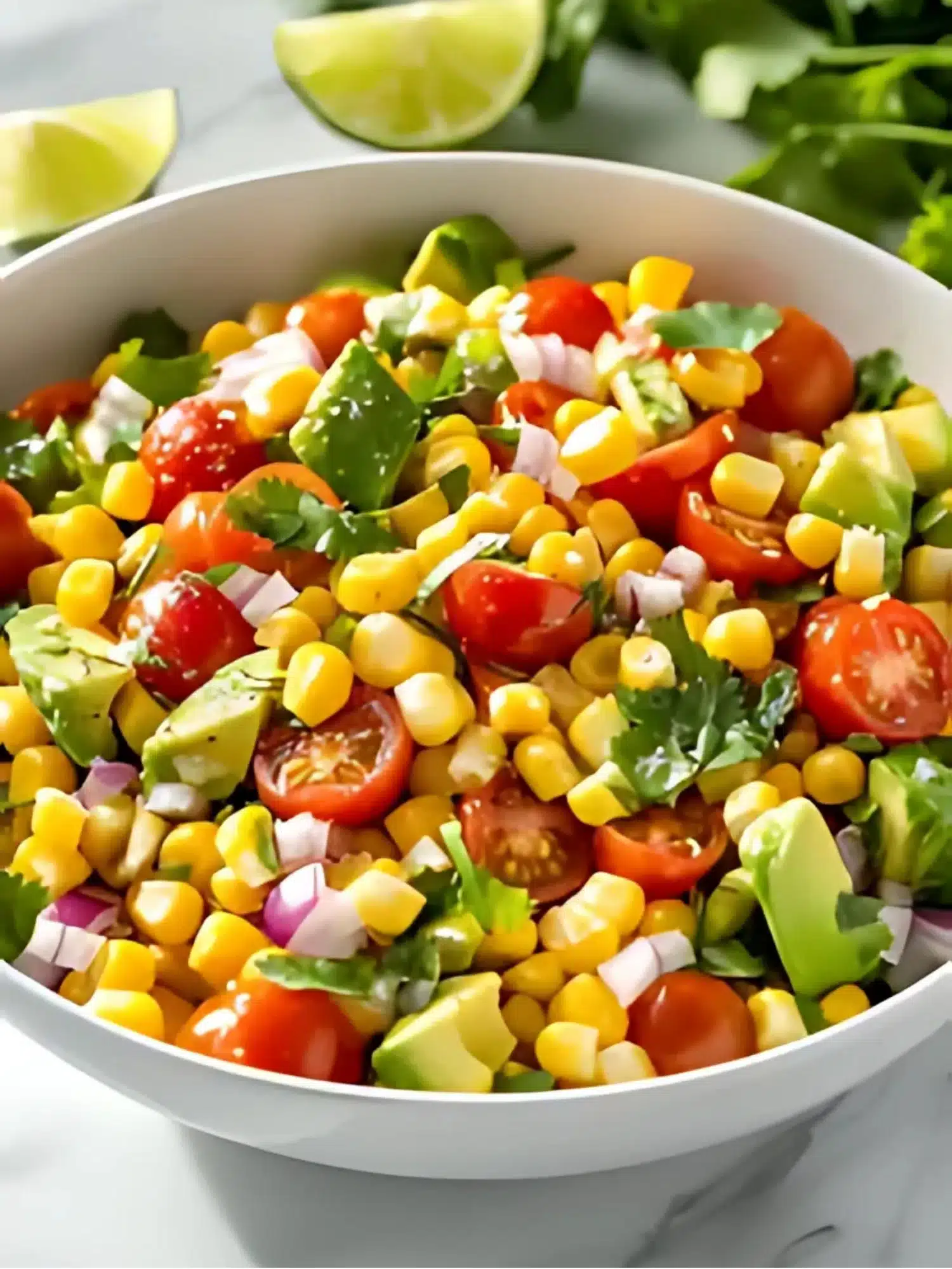 Colorful summer salad made with sweet corn, cherry tomatoes, diced avocado, red onion, and fresh cilantro in a white bowl with lime wedges on the side.

